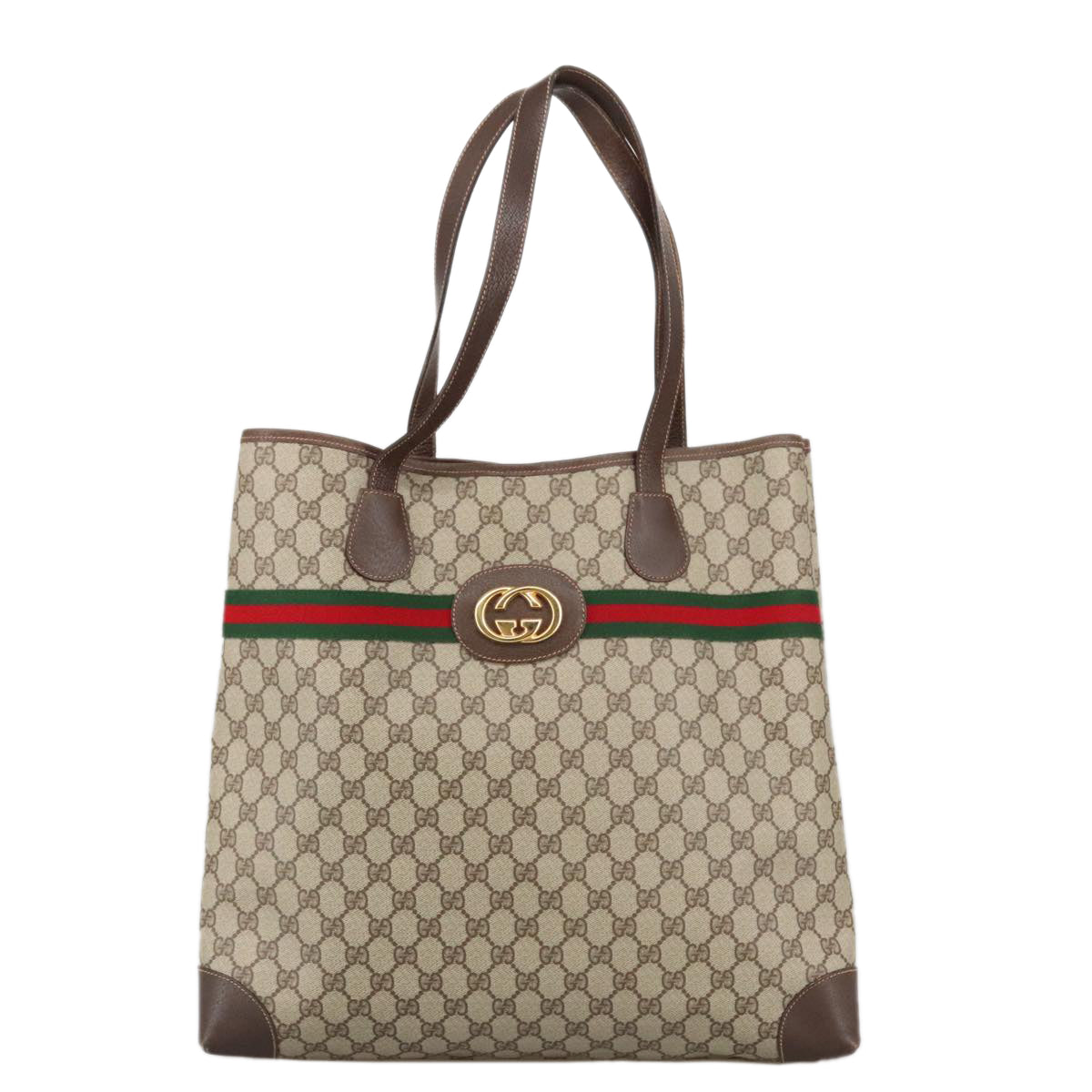 GUCCI GG Supreme Web Sherry Line Tote Bag PVC Leather Beige Gold Auth 103312 - 0