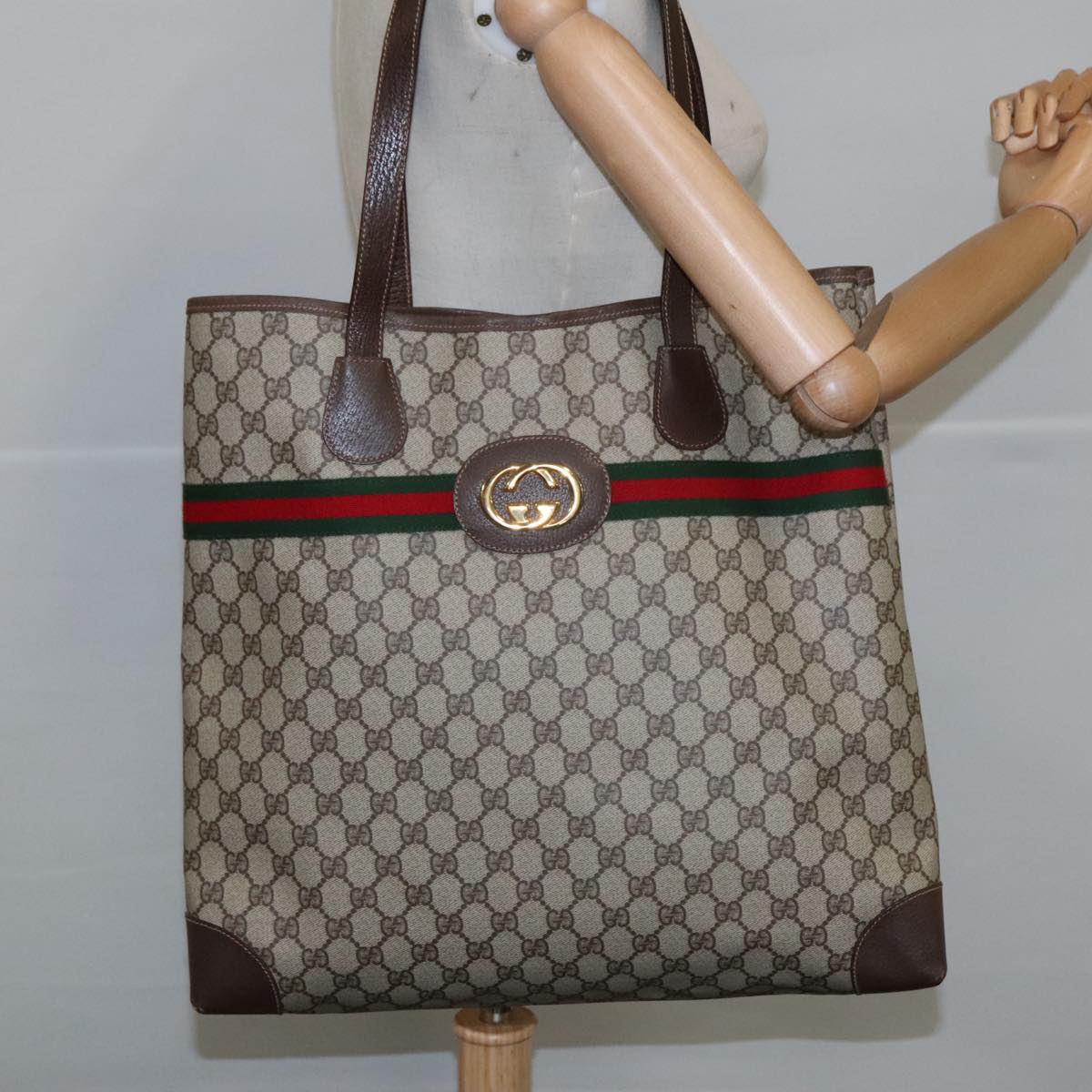 GUCCI GG Supreme Web Sherry Line Tote Bag PVC Leather Beige Gold Auth 103312