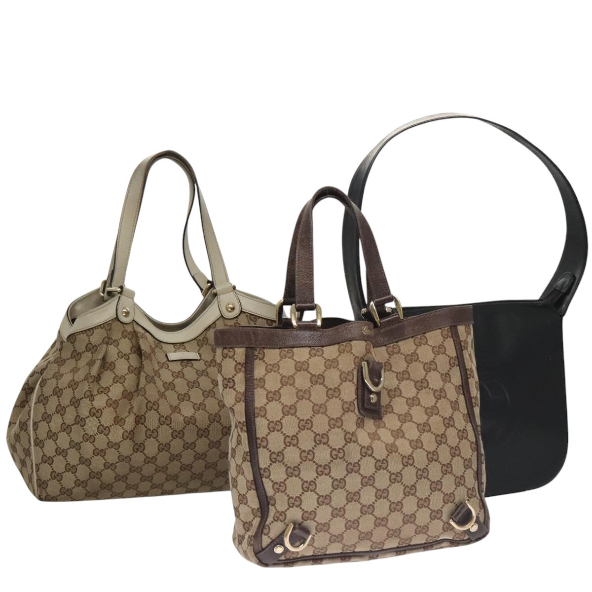 GUCCI GG Canvas Tote Bag Canvas Patent Leather 3Set Beige Black Auth 103338