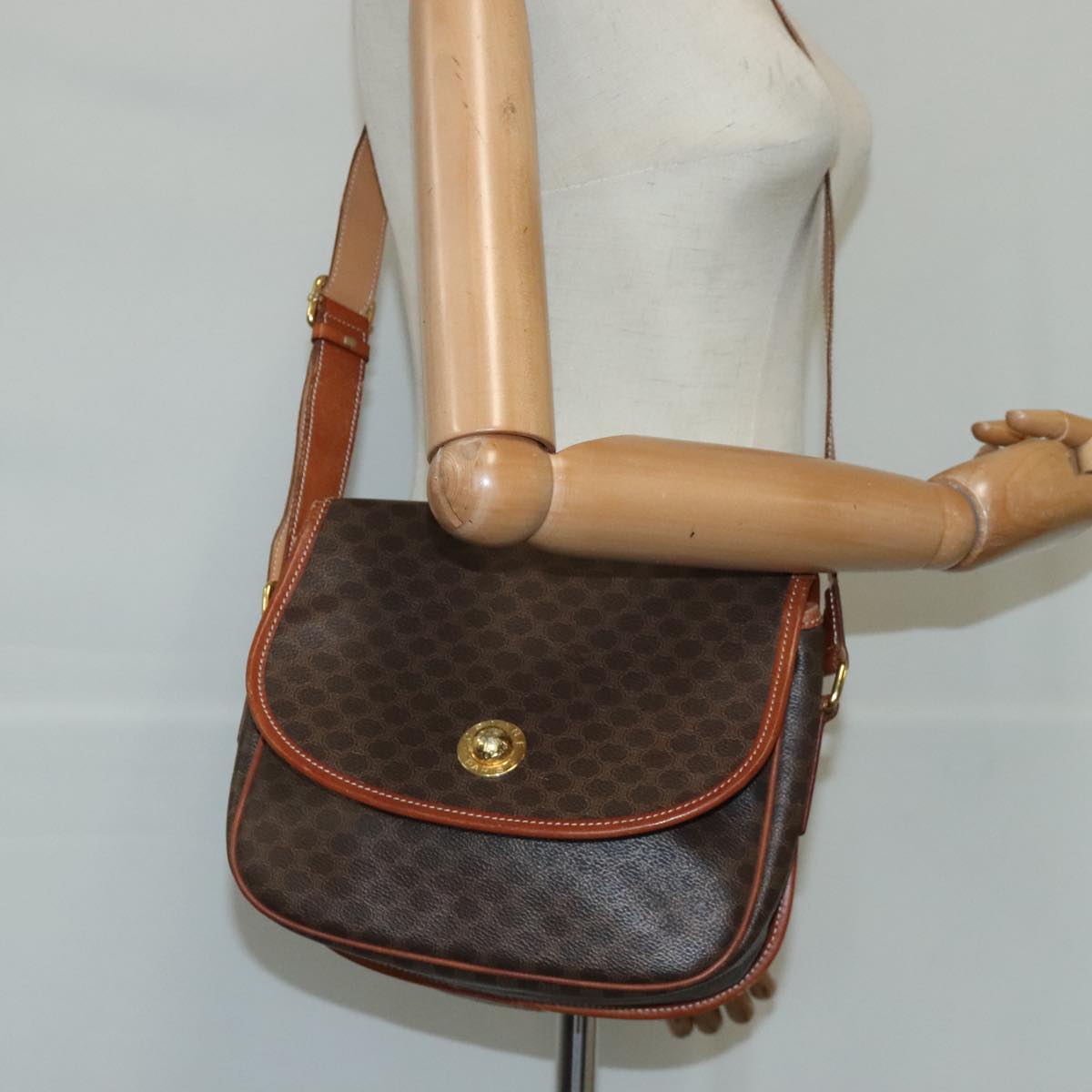 CELINE Macadam Canvas Shoulder Bag PVC Leather Brown Auth 103438