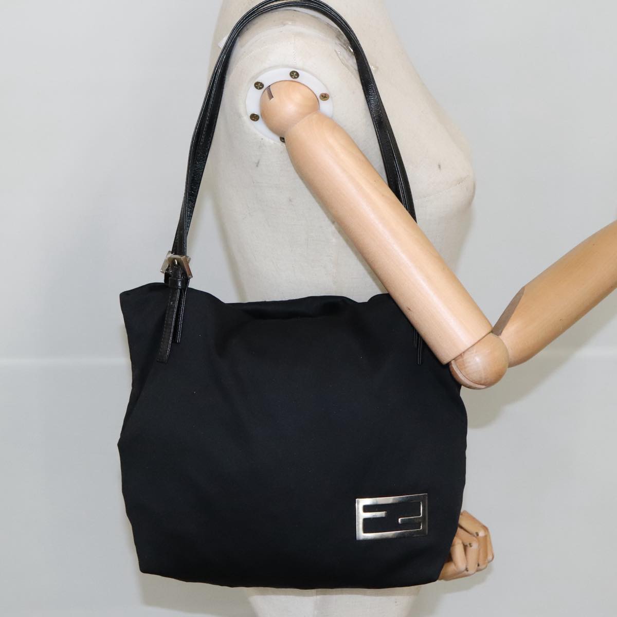 FENDI Shoulder Bag Nylon Black Silver Auth 103439