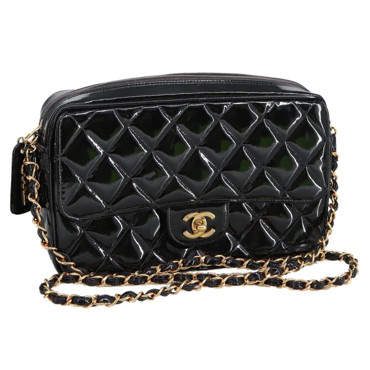 CHANEL Matelasse Chain Shoulder Bag Patent leather Black Gold CC Auth 103451A