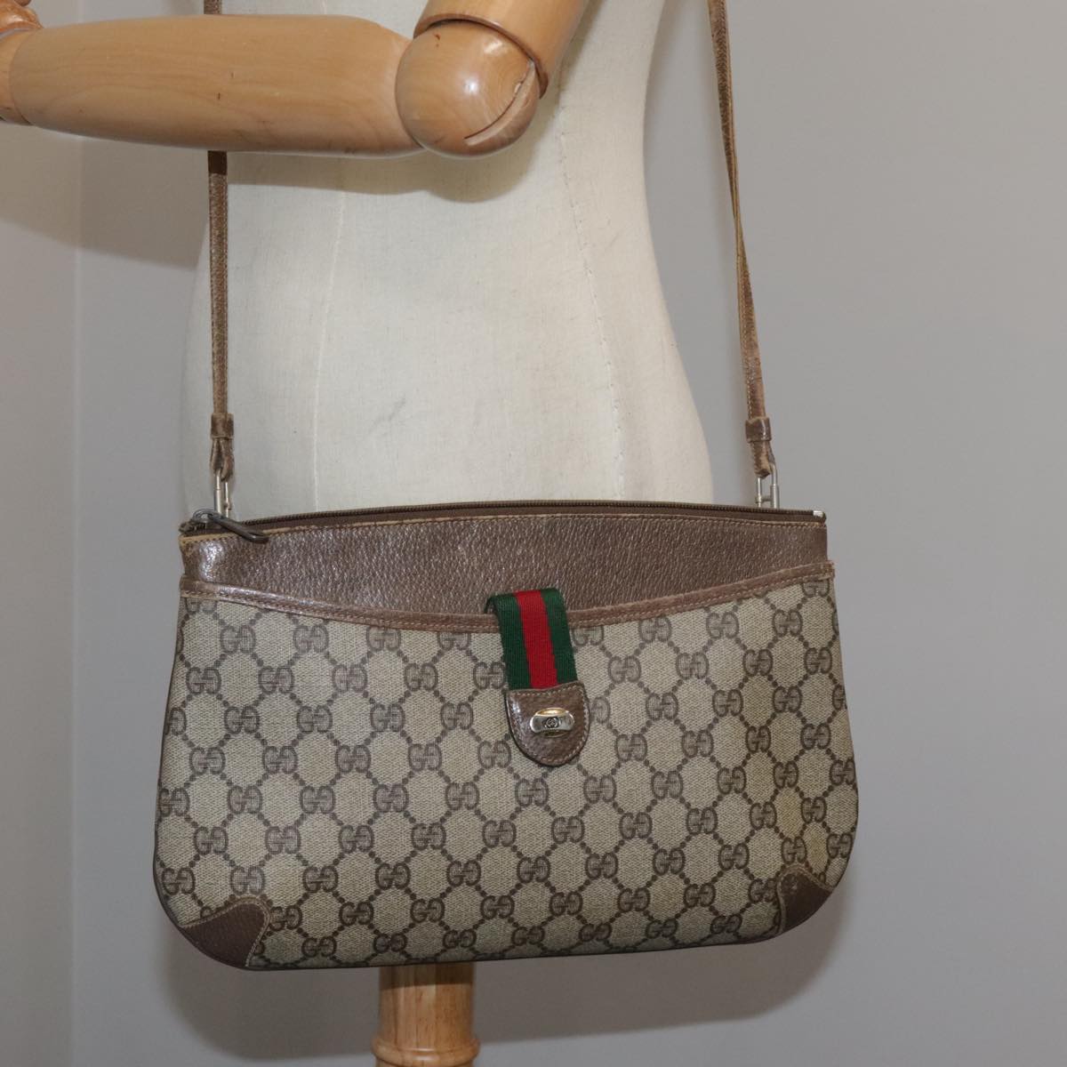 GUCCI GG Supreme Web Sherry Line Shoulder Bag PVC Beige 904 02 026 Auth 103498