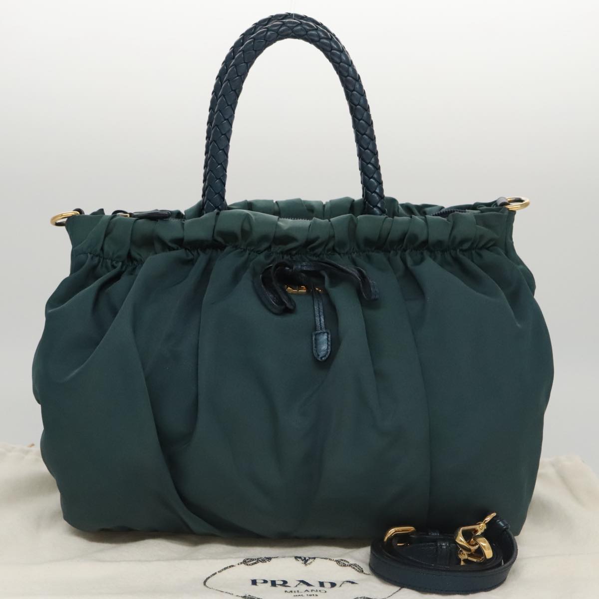 PRADA Hand Bag Nylon 2way Green Gold Auth 103522