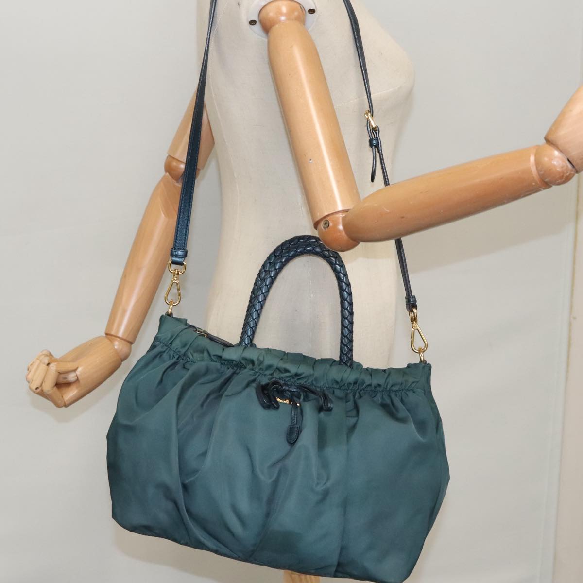 PRADA Hand Bag Nylon 2way Green Gold Auth 103522