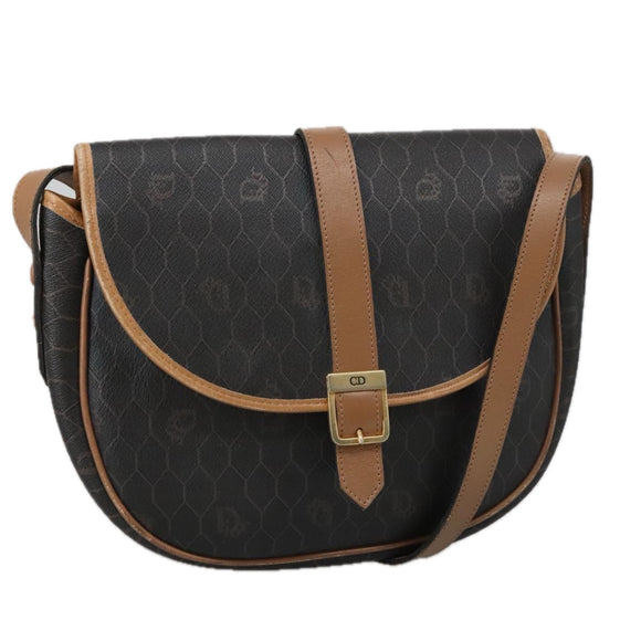 Christian Dior Honeycomb Canvas Shoulder Bag PVC Leather Black Auth 103541