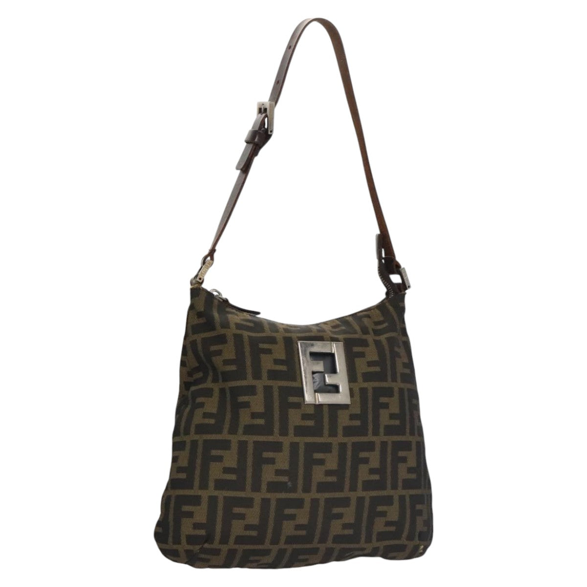 FENDI Zucca Canvas Shoulder Bag Brown Black Auth 103542