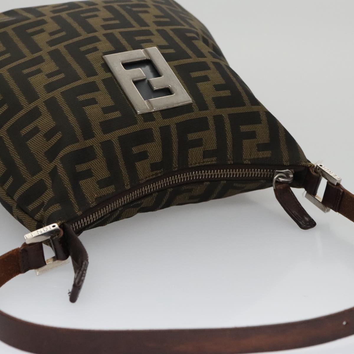 FENDI Zucca Canvas Shoulder Bag Brown Black Auth 103542