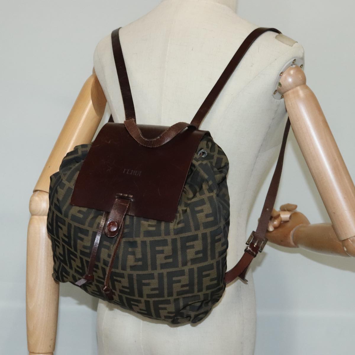 FENDI Zucca Canvas Backpack Brown Black Silver Auth 103545