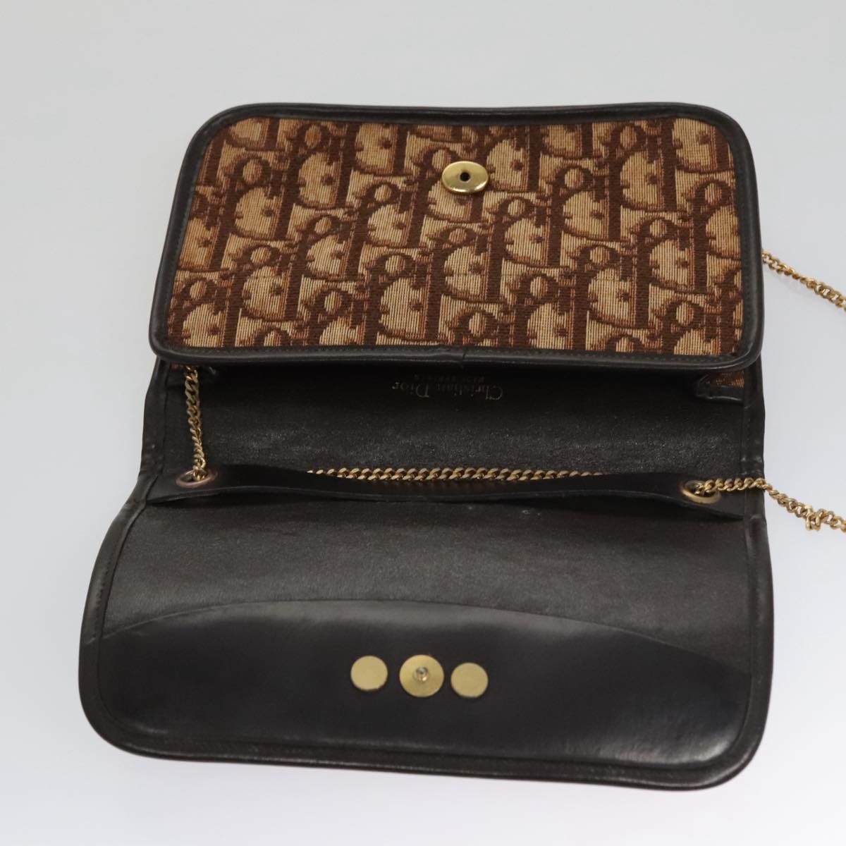 Christian Dior Trotter Canvas Chain Shoulder Bag Brown Gold Auth 103554