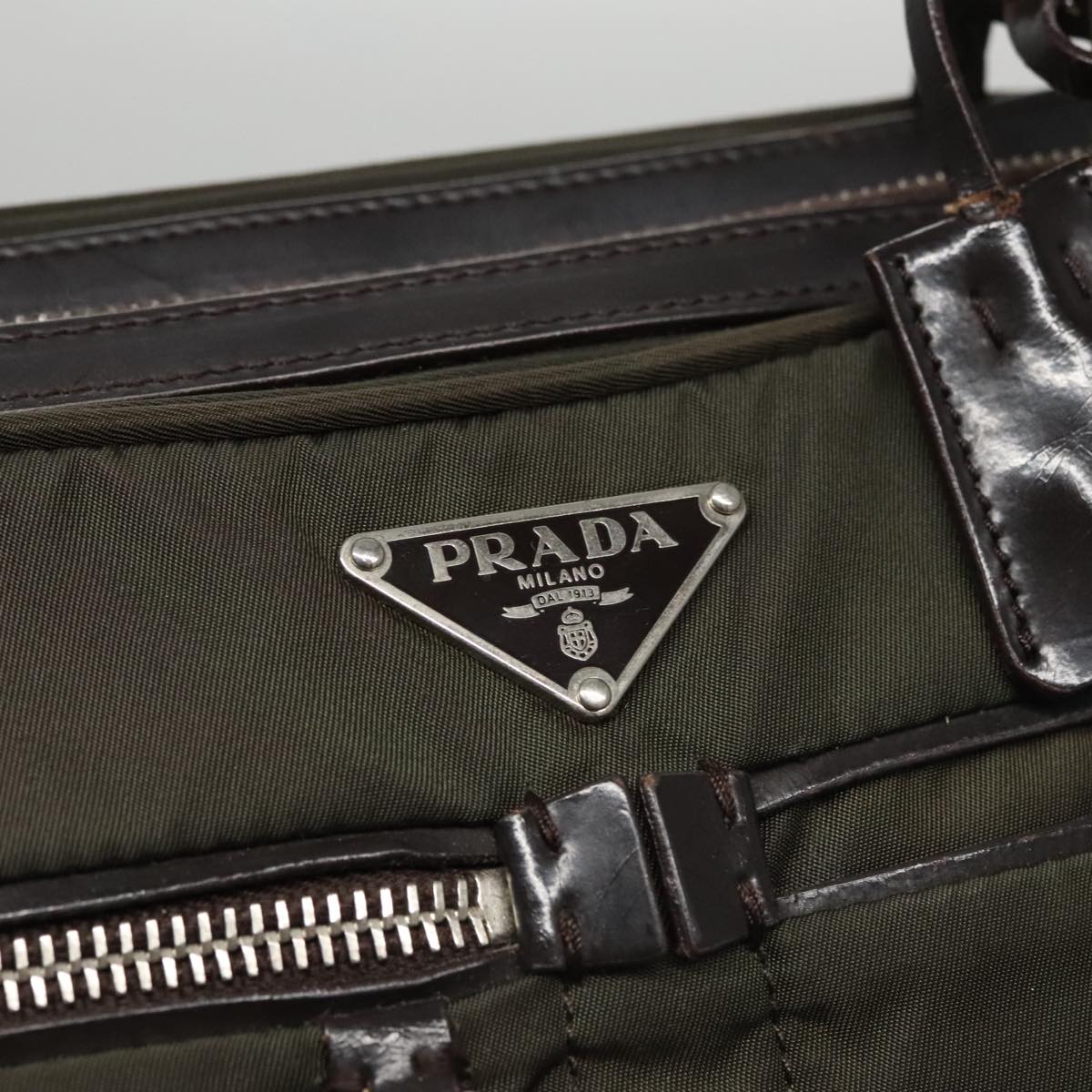 PRADA Hand Bag Nylon Khaki Silver Auth 103571