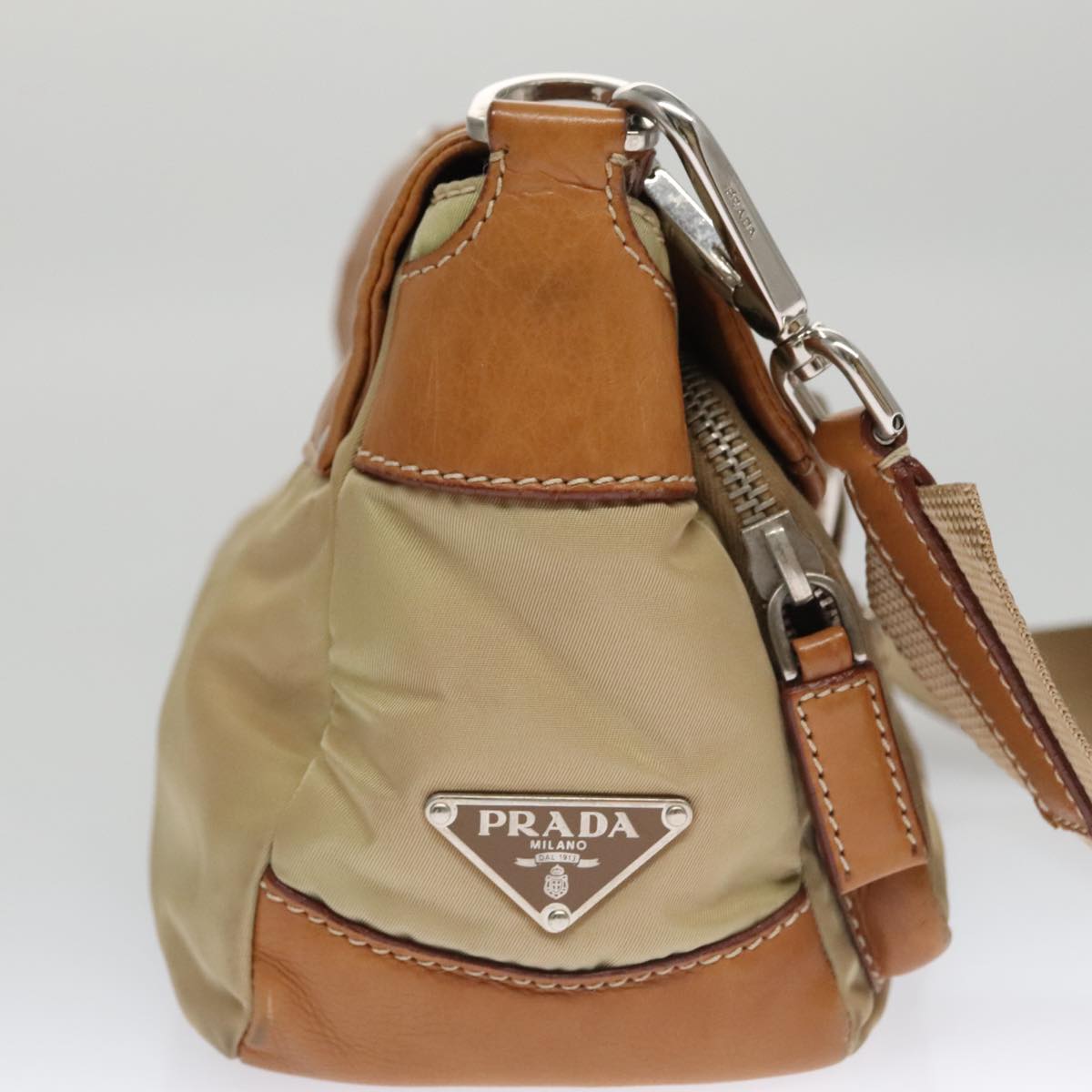 PRADA Shoulder Bag Nylon Leather Beige Auth 103574