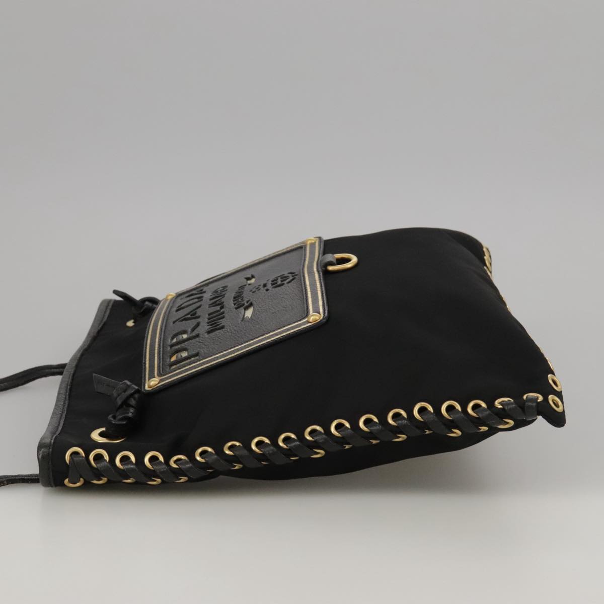 PRADA Shoulder Bag Nylon Black Gold Auth 103580