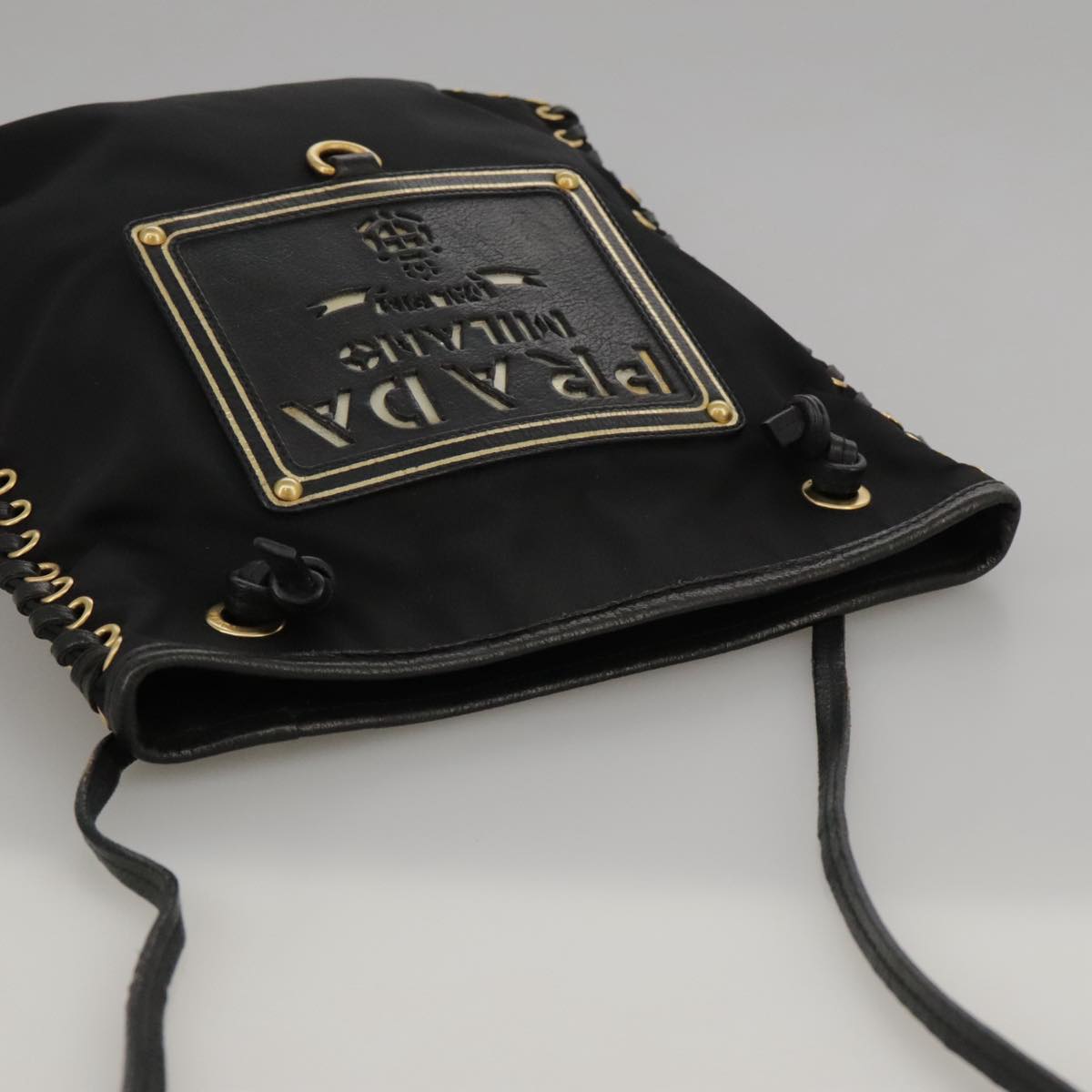 PRADA Shoulder Bag Nylon Black Gold Auth 103580