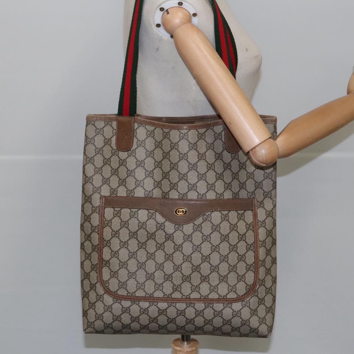 GUCCI GG Supreme Web Sherry Line Tote Bag PVC Beige Green 39 02 003 Auth 103633