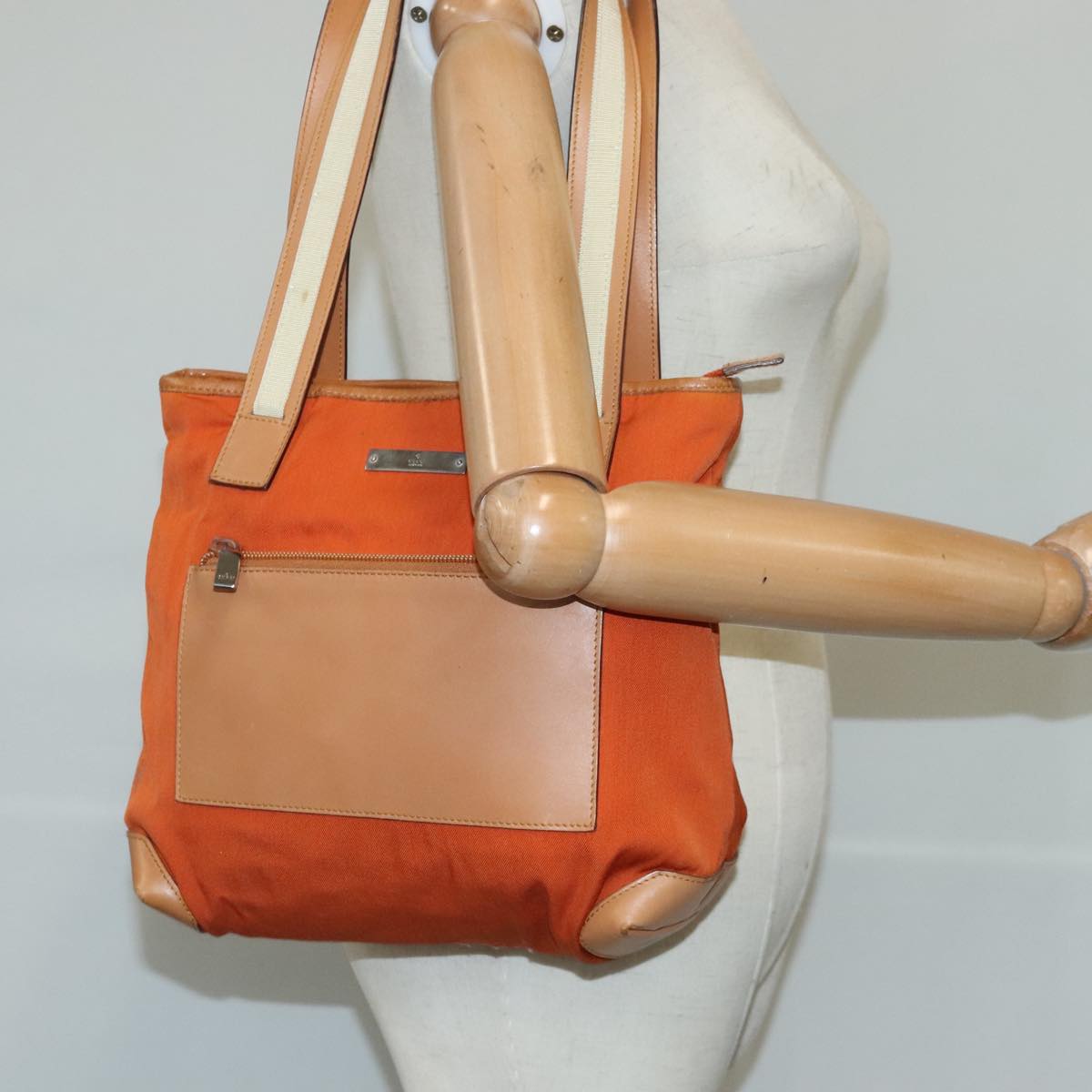 GUCCI Tote Bag Canvas Orange Silver Auth 103634