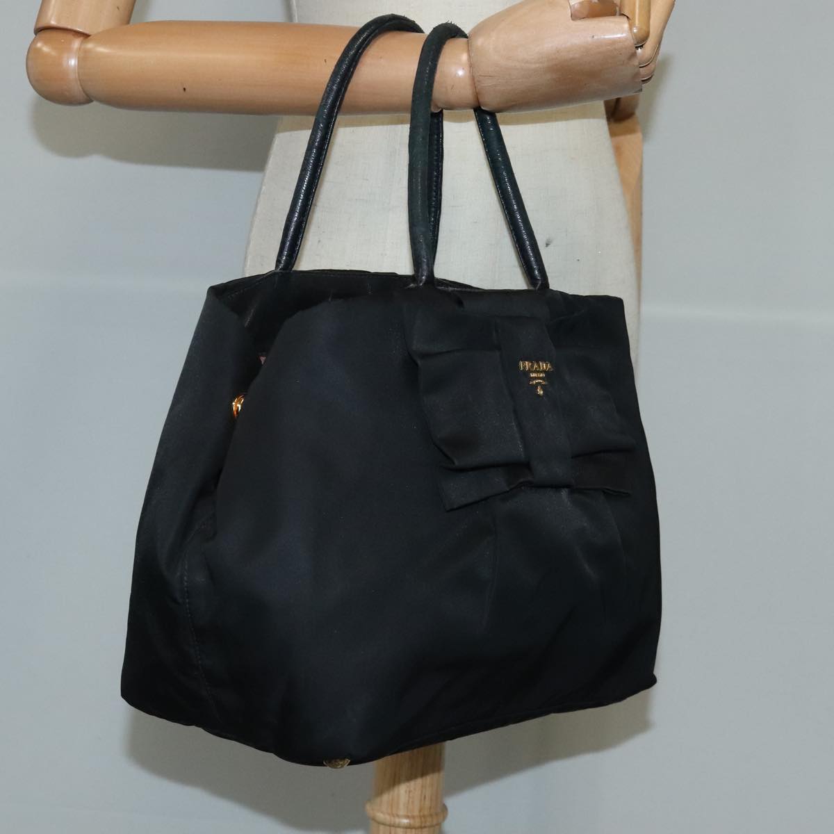 PRADA Hand Bag Nylon Black Gold Auth 103638