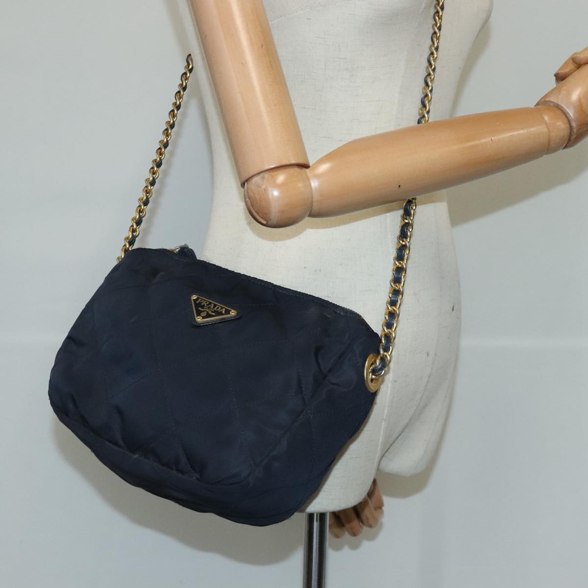 PRADA Chain Shoulder Bag Nylon Navy Gold Auth 103639