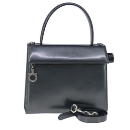 Salvatore Ferragamo Hand Bag Enamel 2way Black Silver Auth 103651