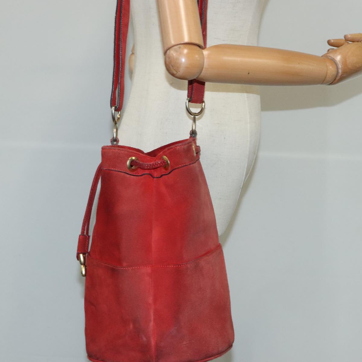 CELINE Shoulder Bag Suede Red Gold Auth 103676