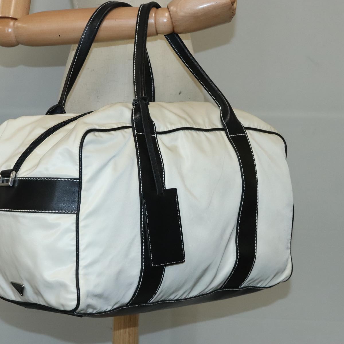 PRADA Boston Bag Nylon White Auth 103734