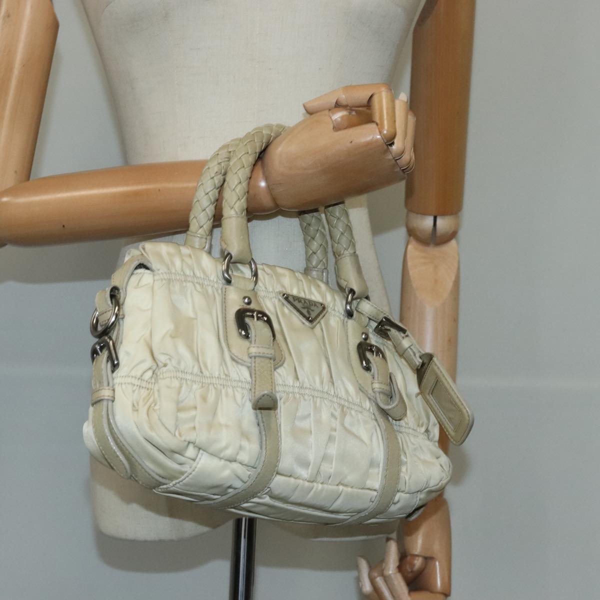 PRADA Hand Bag Nylon Cream Auth 103760