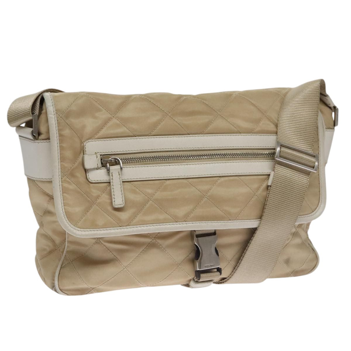 PRADA Shoulder Bag Nylon Beige Silver Auth 103773