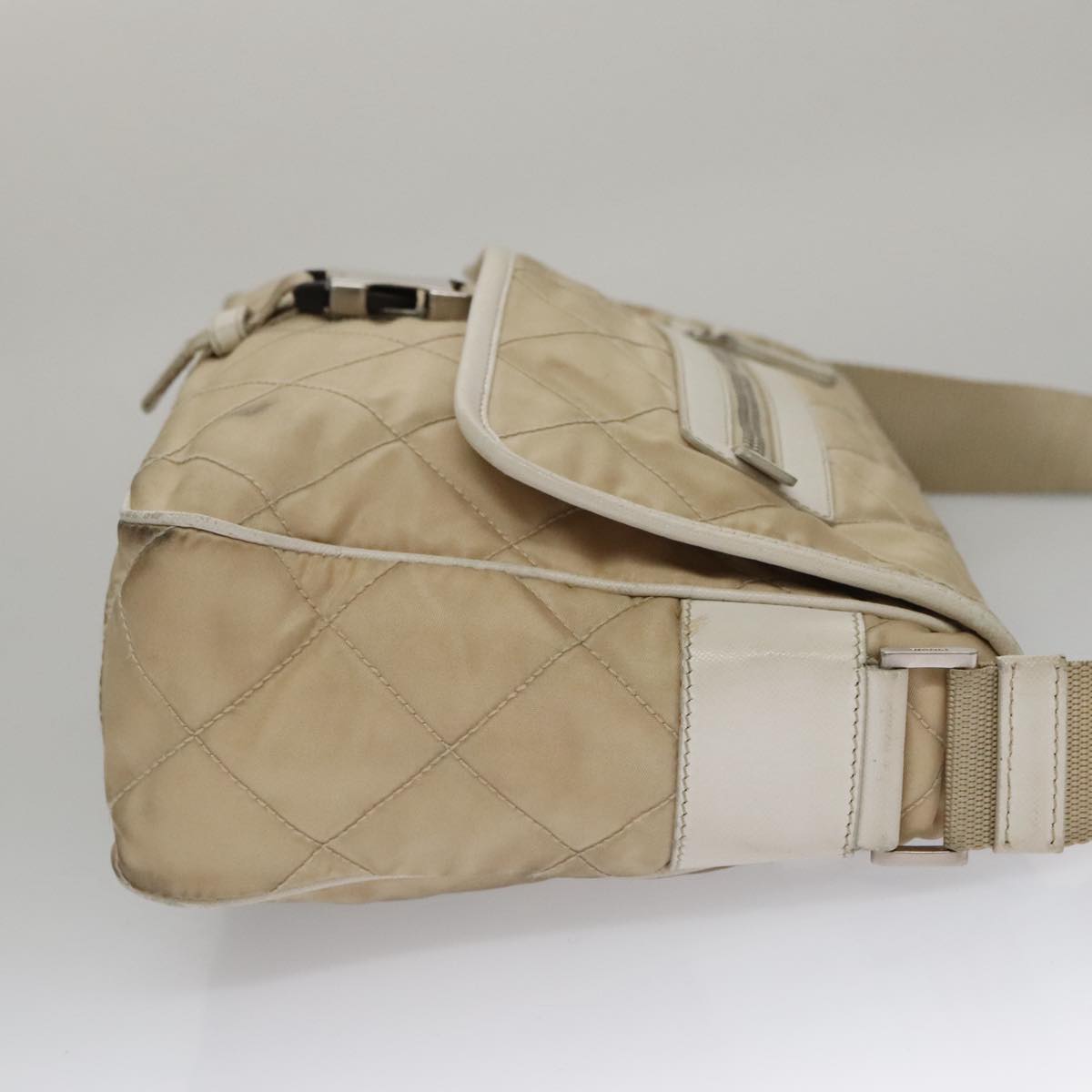 PRADA Shoulder Bag Nylon Beige Silver Auth 103773