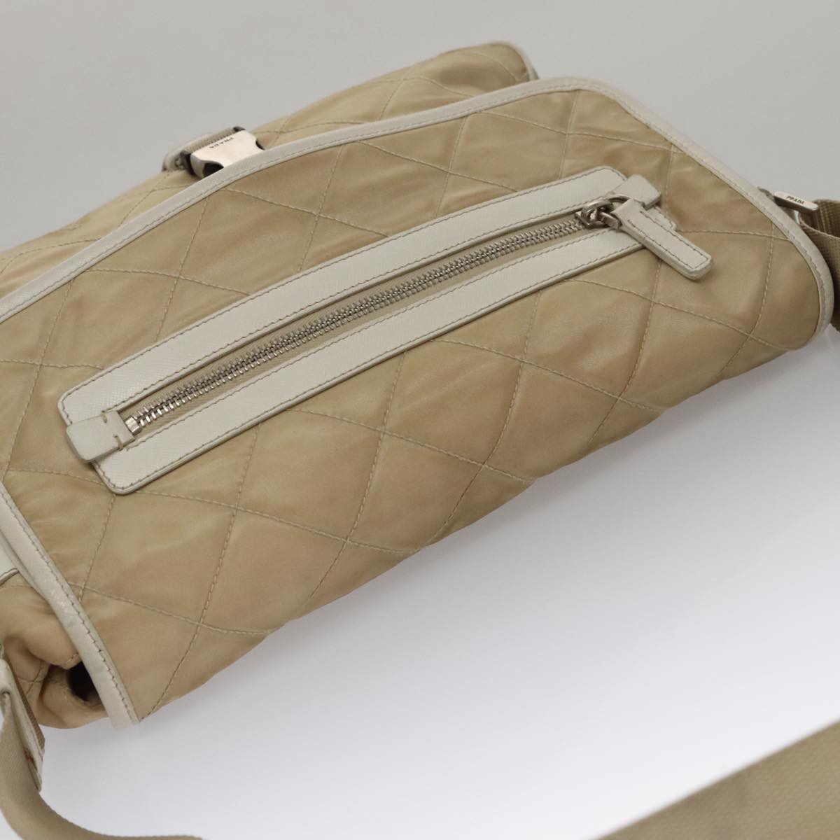 PRADA Shoulder Bag Nylon Beige Silver Auth 103773