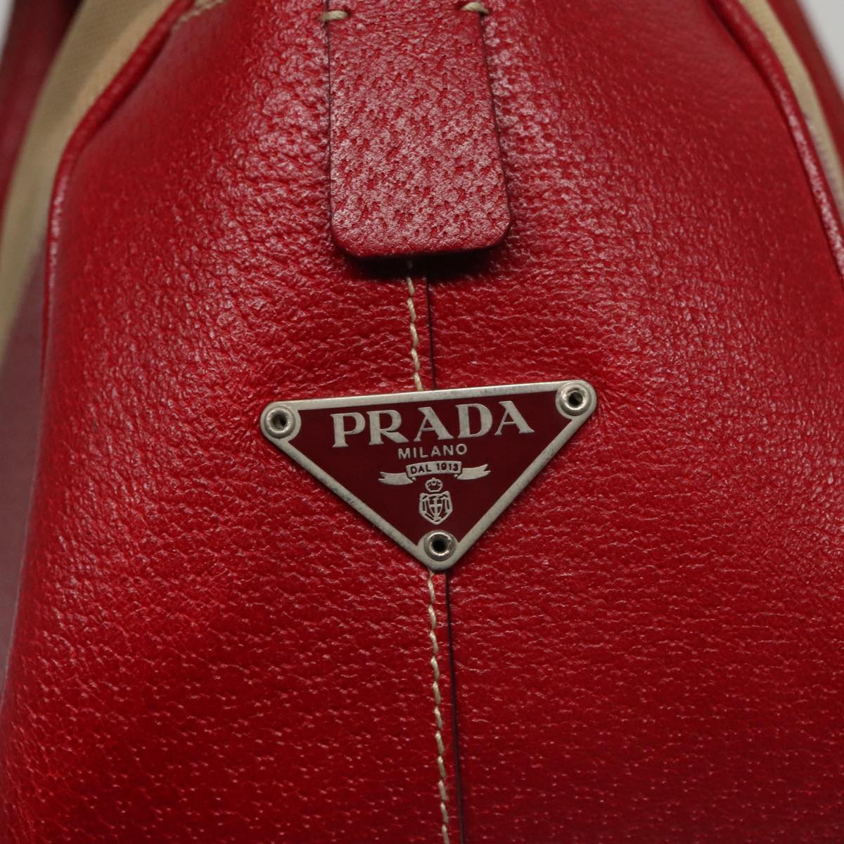 PRADA Hand Bag Canvas Beige Red Auth 103794