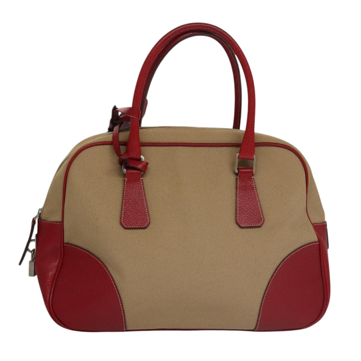 PRADA Hand Bag Canvas Beige Red Auth 103794