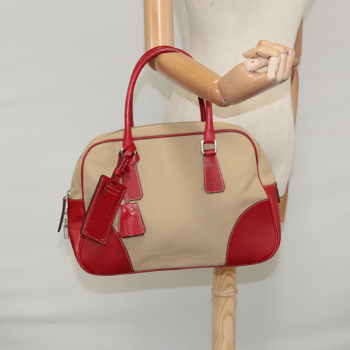 PRADA Hand Bag Canvas Beige Red Auth 103794