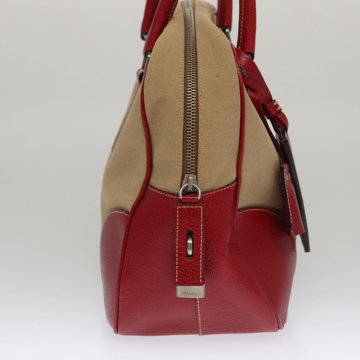 PRADA Hand Bag Canvas Beige Red Auth 103794