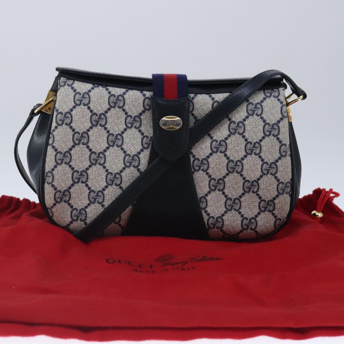 GUCCI GG Supreme Sherry Line Shoulder Bag PVC Navy Red 10 02 024 Auth 103795