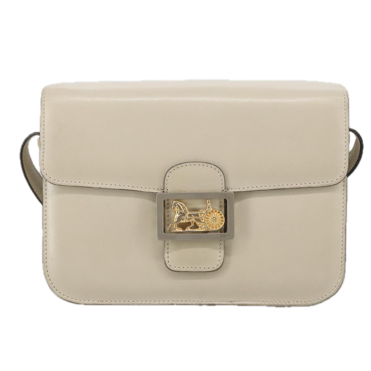 CELINE Horse Carriage Shoulder Bag Leather Beige Gold Auth 103796