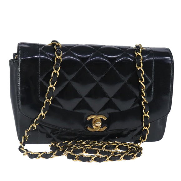 CHANEL Diana Matelasse Ketting Schoudertas Lak Zwart Goud CC Auth 103804A