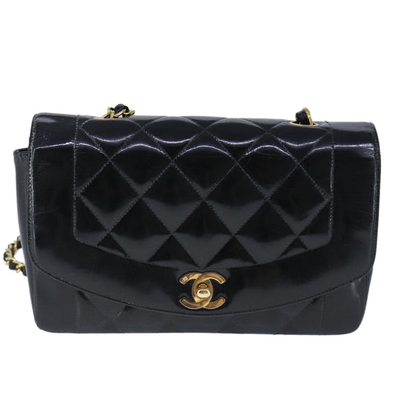 CHANEL Diana Matelasse Ketting Schoudertas Lak Zwart Goud CC Auth 103804A
