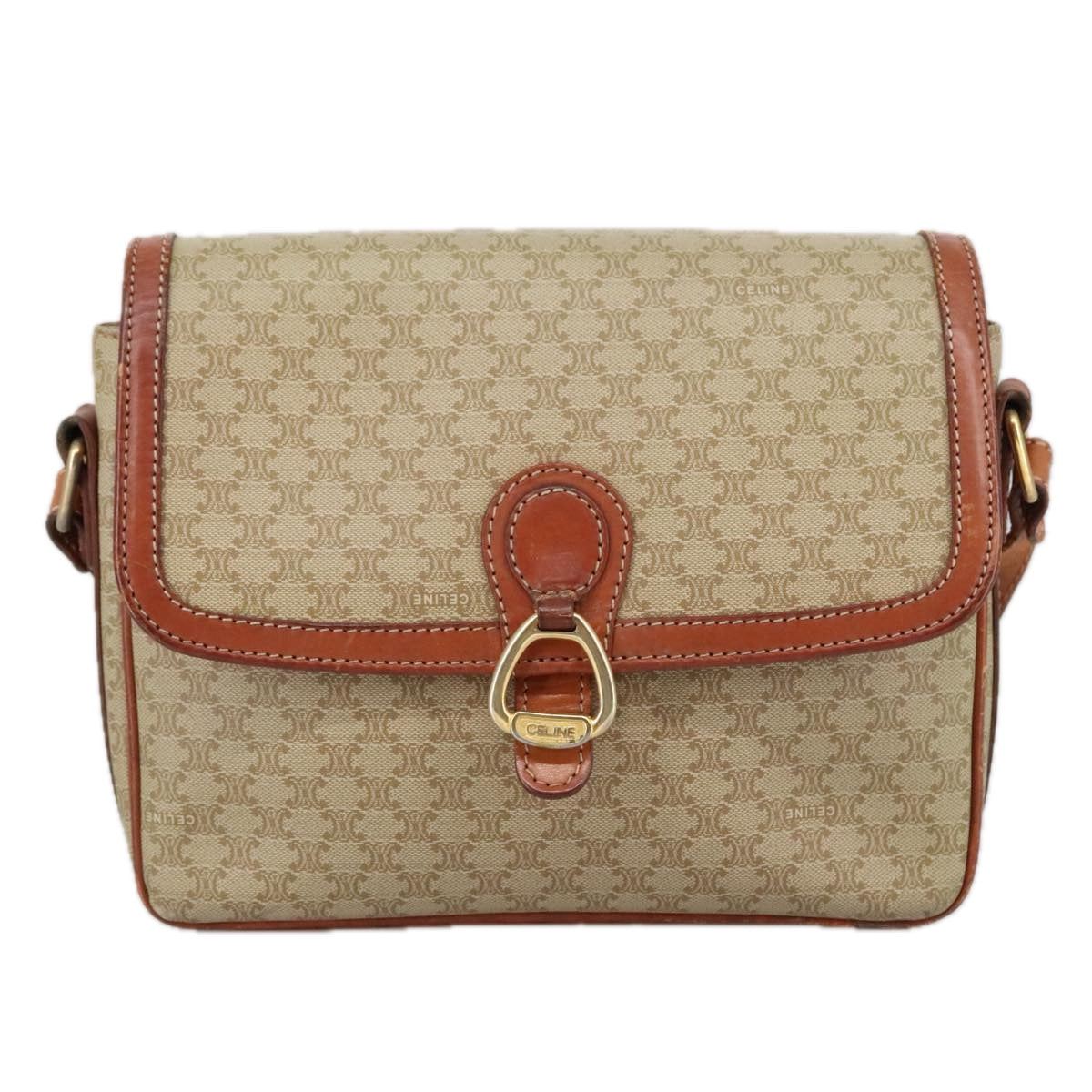 CELINE Macadam Canvas Shoulder Bag Beige Gold Auth 103958