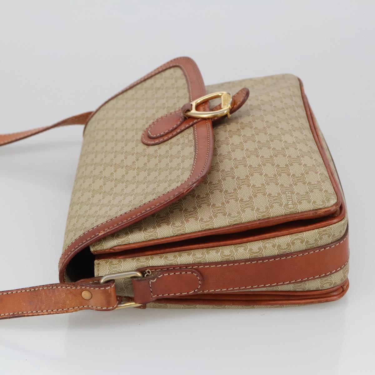 CELINE Macadam Canvas Shoulder Bag Beige Gold Auth 103958