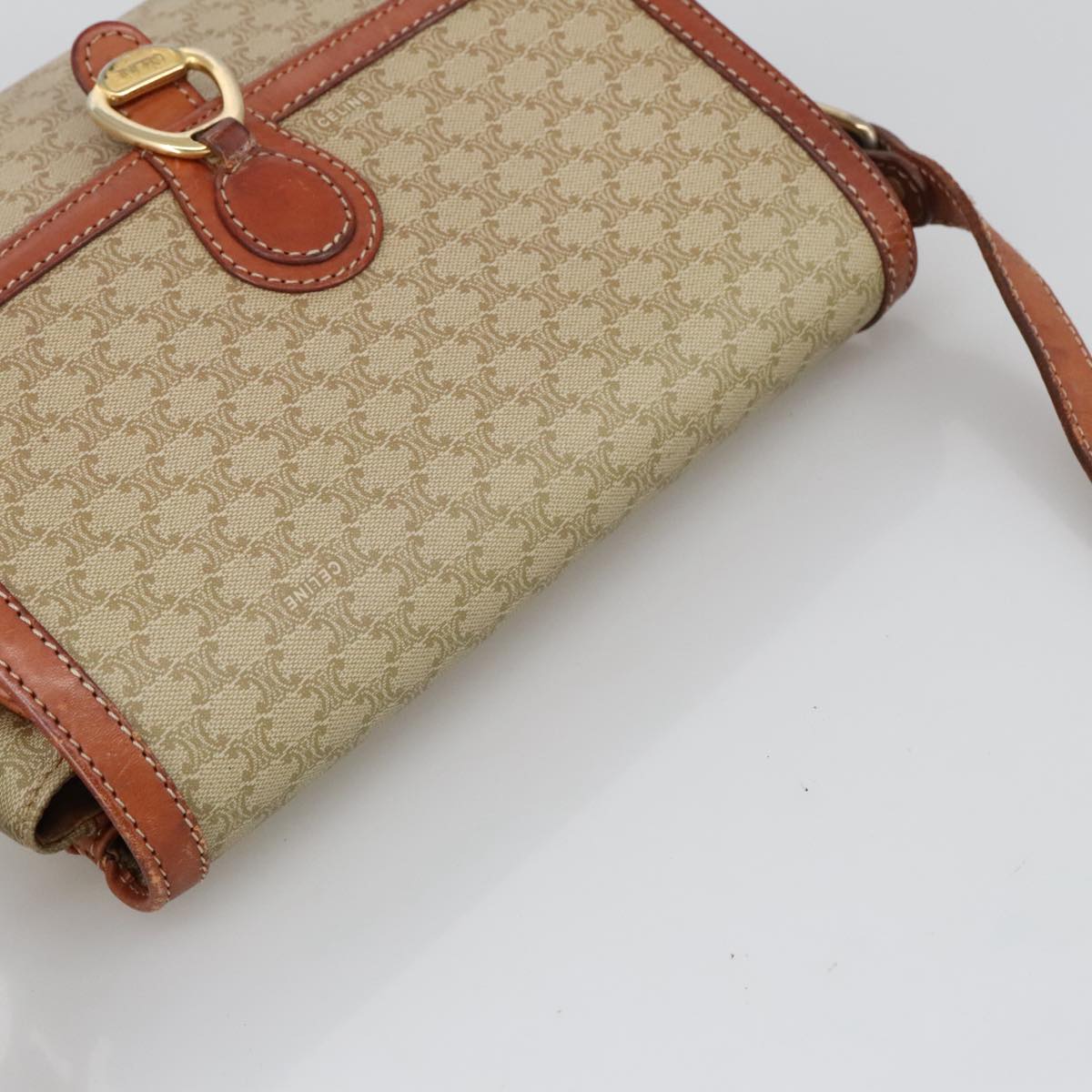 CELINE Macadam Canvas Shoulder Bag Beige Gold Auth 103958