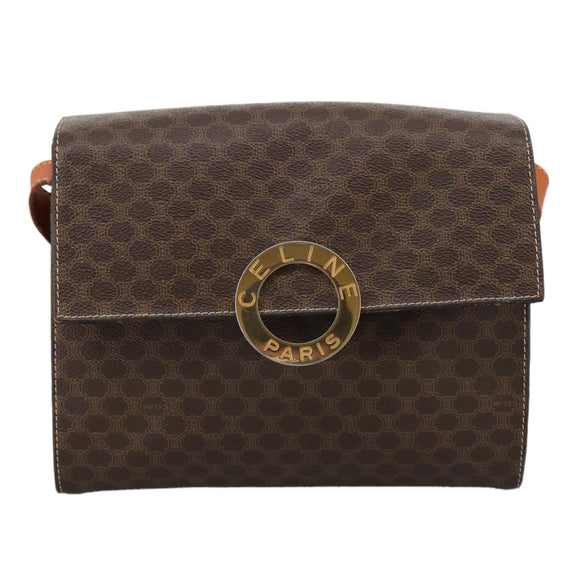CELINE Macadam Canvas Shoulder Bag PVC Leather Brown Gold Auth 104026