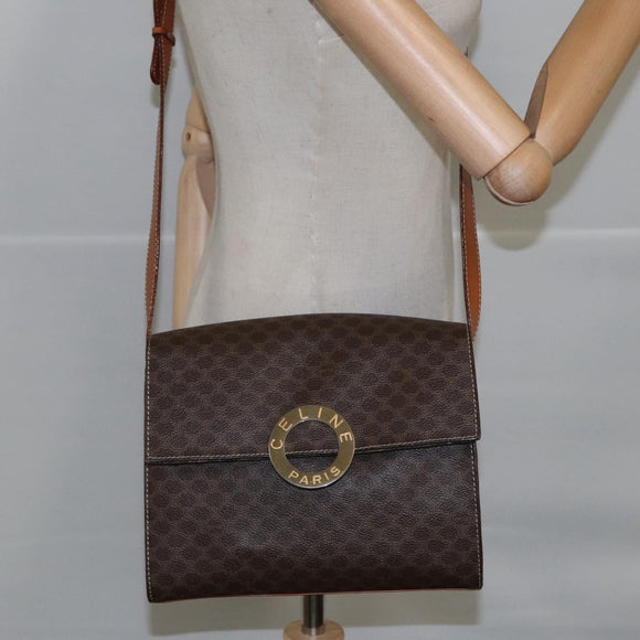 CELINE Macadam Canvas Umhängetasche PVC Leder Braun Gold Auth 104026