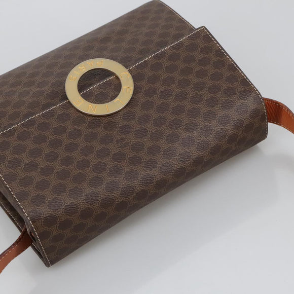 CELINE Macadam Canvas Umhängetasche PVC Leder Braun Gold Auth 104026