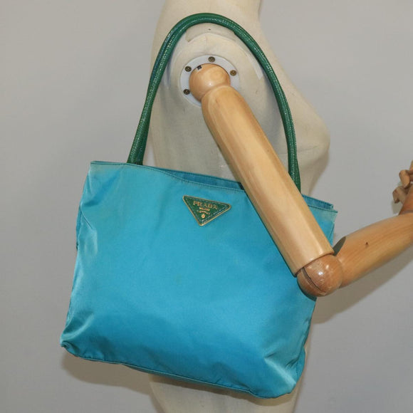 PRADA Tote Bag Nylon Turquoise Blue Gold Auth 104088