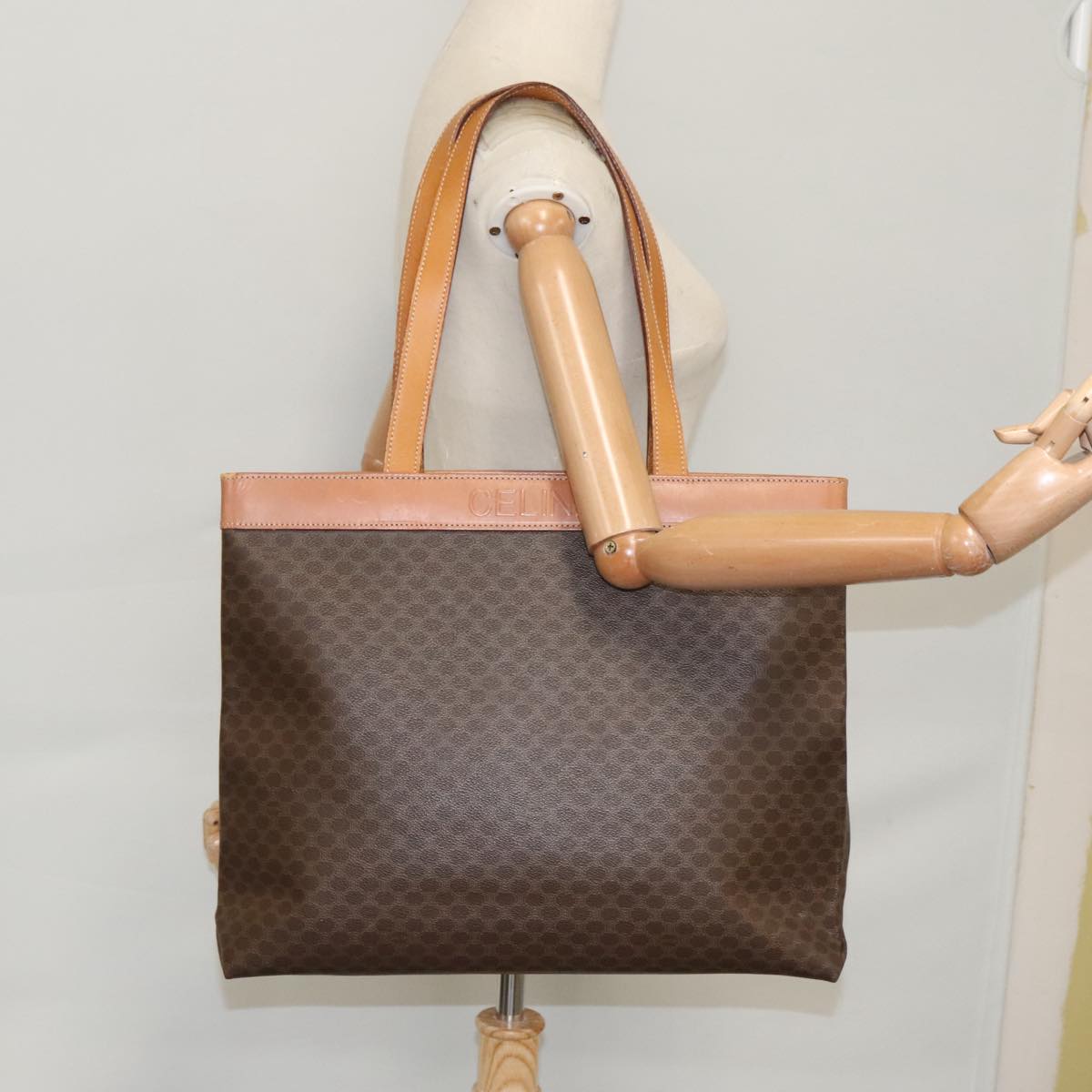 CELINE Macadam Canvas Tote Bag PVC Leather Brown Gold Auth 104136