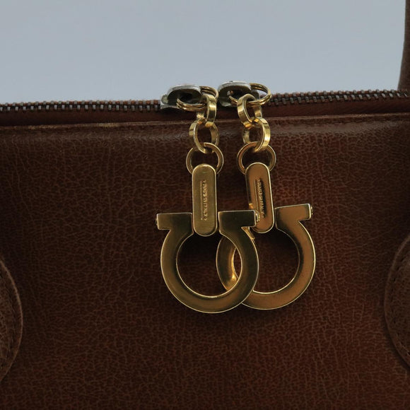 Salvatore Ferragamo Hand Bag Leather Brown Gold Auth 104228