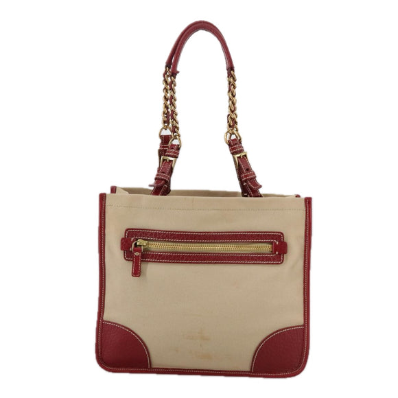 PRADA Chain Tote Bag Canvas Beige Gold Auth 104231