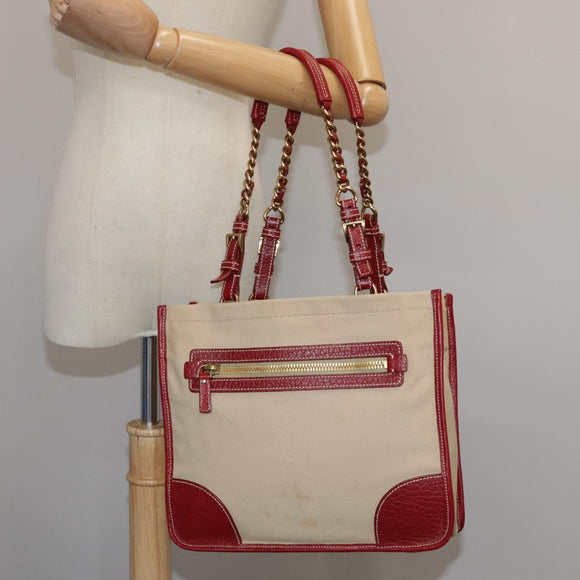 PRADA Chain Tote Bag Canvas Beige Gold Auth 104231
