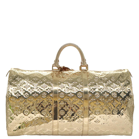 LOUIS VUITTON Monogram Miroir Keepall 55 Boston Bag Gold LV Auth 104239S