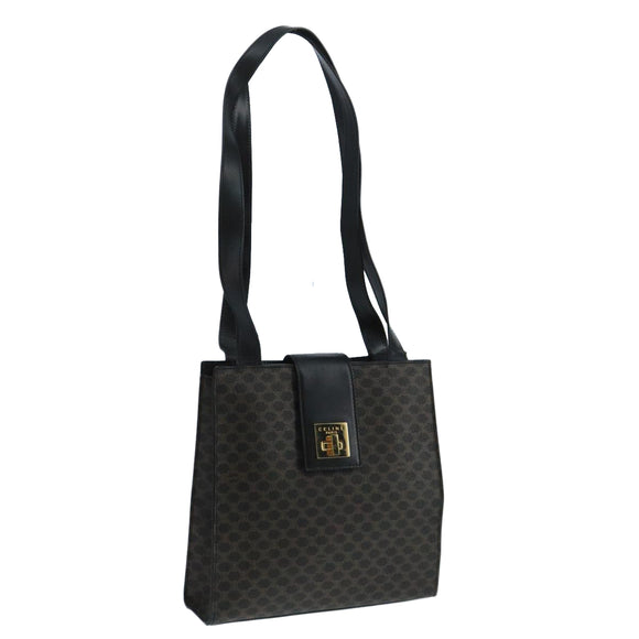 CELINE Macadam Canvas Shoulder Bag PVC Leather Black Gold Auth 104249